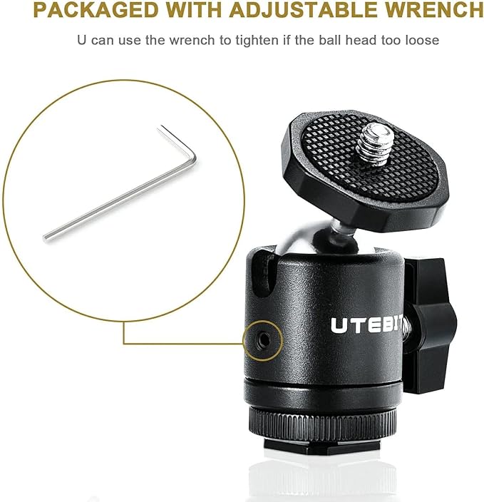 UTEBIT 2 Pack Mini Ball Head with 1/4" Hot Shoe Mount Adapter Max Load 5.5lb 360° Swivel Tripod Ball Head for DSLR Camera Camcorder, Light Bracket