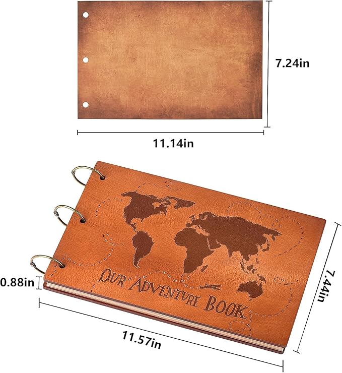 Adventure Book 3D Wooden Cover Scrapbook Photo Album 11.92 x 7.62"Timeless Memory Journal for Unforgettable Adventures&Precious Moments-Ideal for Anniversaries,Travel & Couple Gifts (3D Map Style)