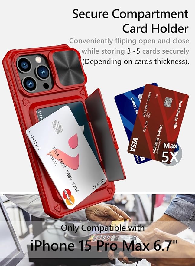 Vihibii for iPhone 15 Pro Max Wallet Case with Card Holder (4 Cards) & Slide Lens Protective Cover & Kickstand & Raised Edges Protect Screen, Shockproof Rugged Case for iPhone 15 Pro Max 6.7", Red