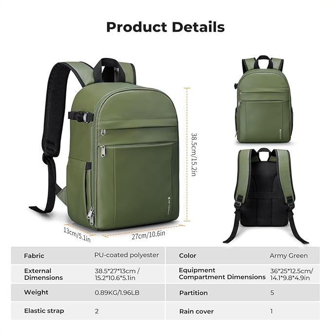 K&F CONCEPT Camera Bag Backpack, Professional DSLR/SLR/Mirrorless Camera Backpack, Photography Camera Case with Tripod Holder & Rain Cover Compatible with Canon/Sony/Nikon/FUJIFILM