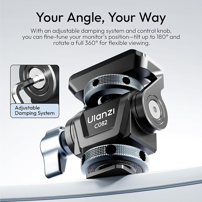 ULANZI CO82 Camera Monitor Mount with Cold Shoe, Universal 1/4" Mount for 5" & 7" Camera Field Monitor, Bouncy Locating Pins, Anti-Twist Swivel 360° and Tilt 180° Angle Adjustable Holder