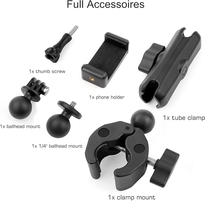 GEPULY Super Clamp Mount with Dual Ballheads & Phone Holder 20-50mm for GoPro Hero Series, Insta360, DJI OSMO Action Cameras, DSLR, Motorcycle, Handlebar, Desk, LED Light, Flash Light