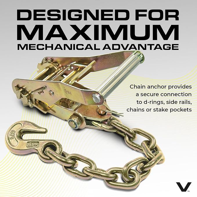 VULCAN Car Tie Down with Chain Anchors - Lasso Style - 2 Inch x 96 Inch - 4 Pack - Classic Yellow - 3,300 Pound Safe Working Load