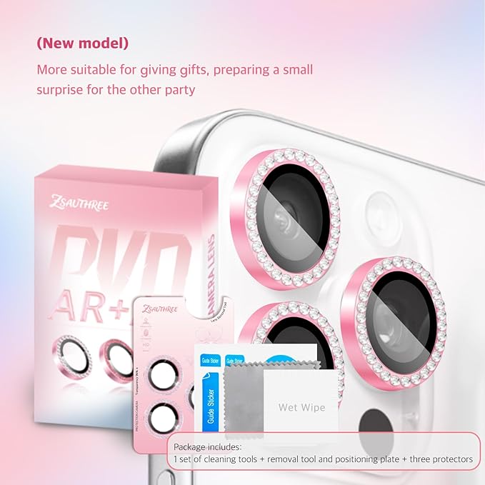 Camera Lens Protector Bling Compatible for iPhone 15 Pro/15 Pro Max,9H Tempered Glass,1Step Installation Tray,HD Clear/Military Grade Shatterproof/Scratch Resistant(Diamond Pink)
