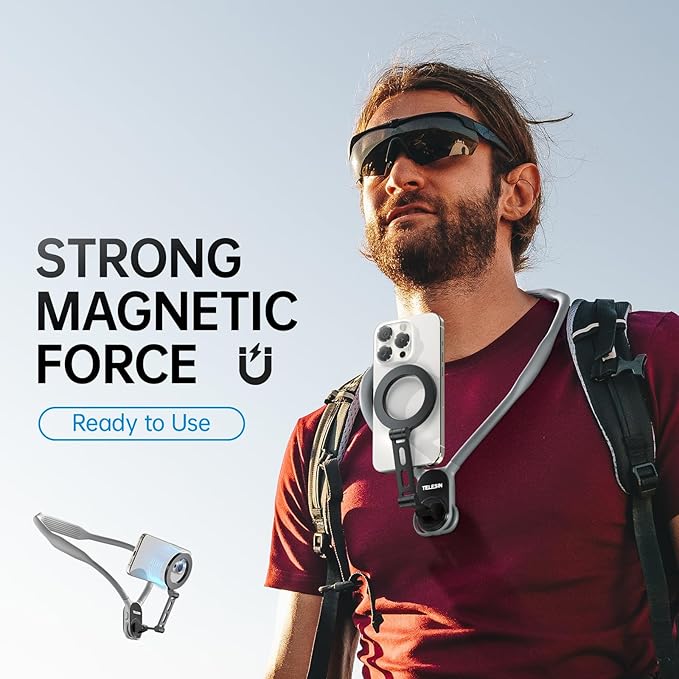 TELESIN° Max Magnetic Neck Mount for Phones, POV/Vlog Neck Phone Holder w Fixing Chest Strap Selfie Mount Hand Free Phone Neck Holder Stand Video Recording for iPhone Android Phones (Gray)