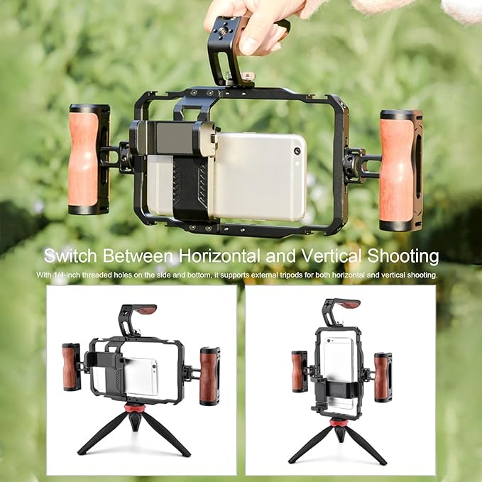Smartphone Video Rig Dual Handle Filmmaking Vlogging Case Phone Stabilizer Grip with Microphone and Fill Light