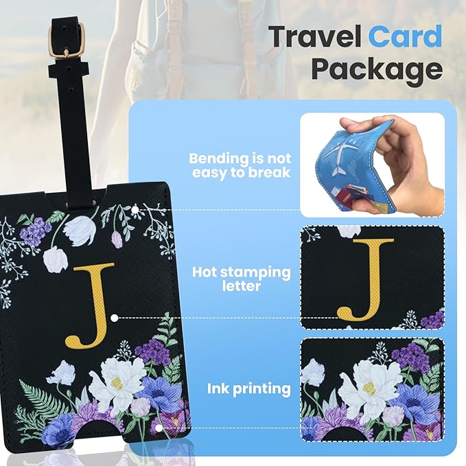 2 Pack PU Leahter Luggage Tags with PU Leather Straps, Fun Travel case Labels, Privacy-Protected ID Card Holders, Allowing for Quick Identification of Luggage and Easy locating of Your Bags (J)