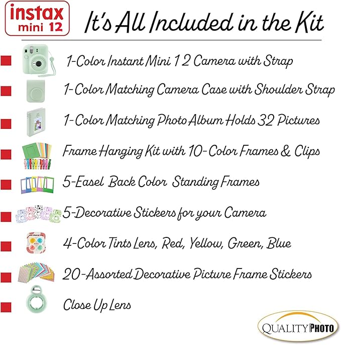 Fujifilm Instax Mini 12 Instant Camera with Case, Decoration Stickers, Frames, Photo Album and More Accessory kit (Mint Green)
