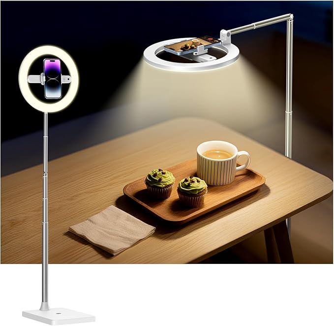 yAyusi 68.5" Overhead Phone Mount with Ring Light for iPhone, 3000mAh 360° Rotation Foldable Rechargeable Ring Light Phone Holder for Video Recording, Live Streaming, Artistic Creation, TikTok,YouTube