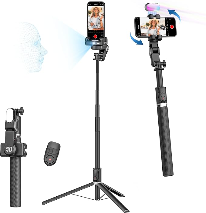 AOCHUAN Auto Face Tracking Tripod 360 Rotation w/RGB Light,Single-axis Phone Gimbal for iPhone Android w/Remote Control,Phone Stand Follow You for Video Recording,TikTok Vlogging(M2Pro Black)