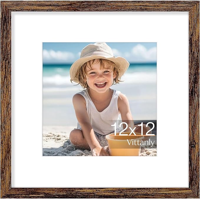 Vittanly 12x12 Picture Frame, Made of Solid Wood and Shatterproof Plexiglass, Display Pictures 8x8 with Mat or 12x12 without Mat, Wooden Photo Frame for Wall Mounting, Dark Brown, 1 Pack