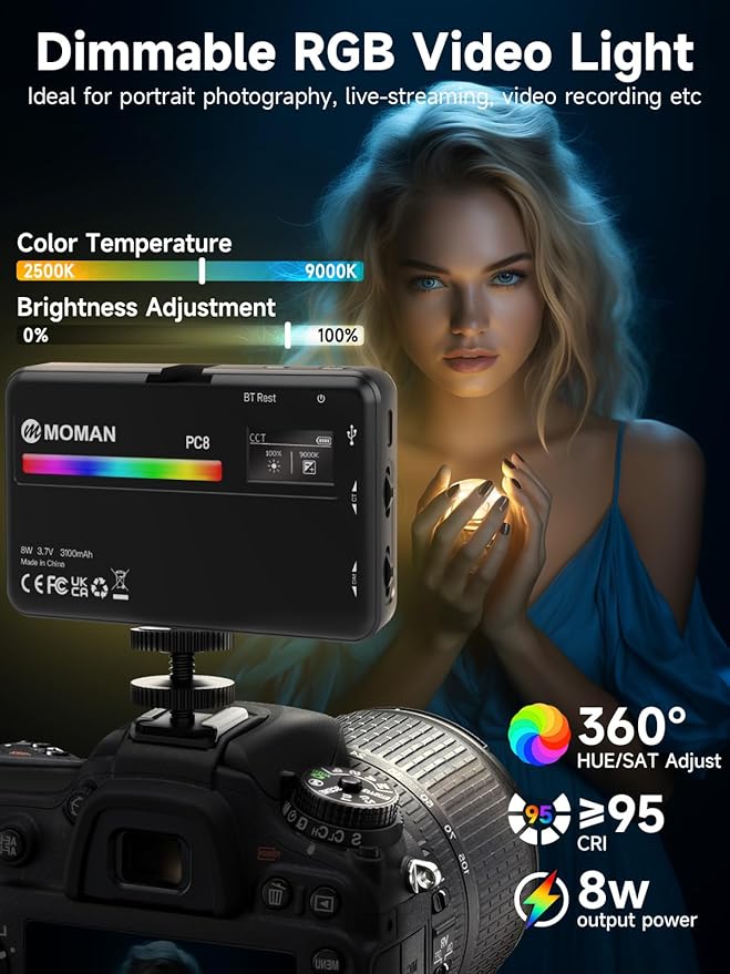 Moman LED Camera Light, RGB Video Lights for Photography, App Wireless Control, 2500-9000K, CRI 95+, Long Battery Life, Portable Lighting Panel with Cold Shoe, Fits for GoPro Sony Canon