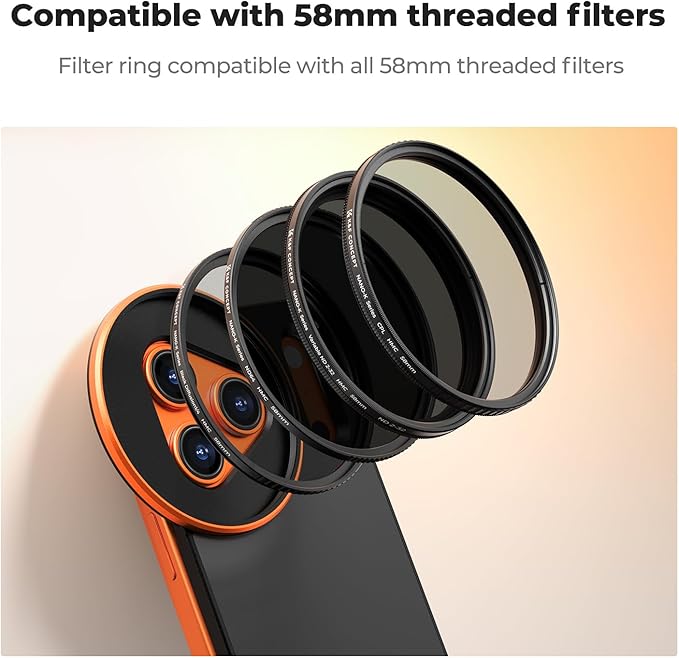 K&F CONCEPT Double-Sided Magnetic Lens Filter Mount Adapter with 58mm Variable ND2-32 Filter, Compatible with iPhone 17 Pro and 58mm Threaded Filters, VND Filter Compatible with iPhone Camera Lens