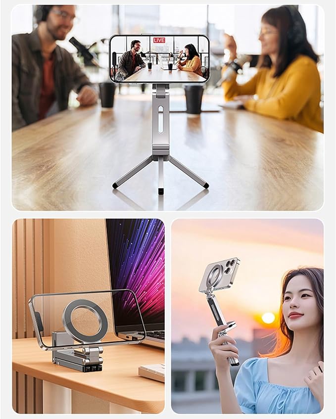 Magnetic Tripod for iPhone 16/15/14/13/12 Plus Pro Max Series,Aluminium Mini Magnetic Phone Tripod for iPhone & MagSafes,360° Adjustable Magic Clip Folding Magnetic Phone Stand,1/4" Screw