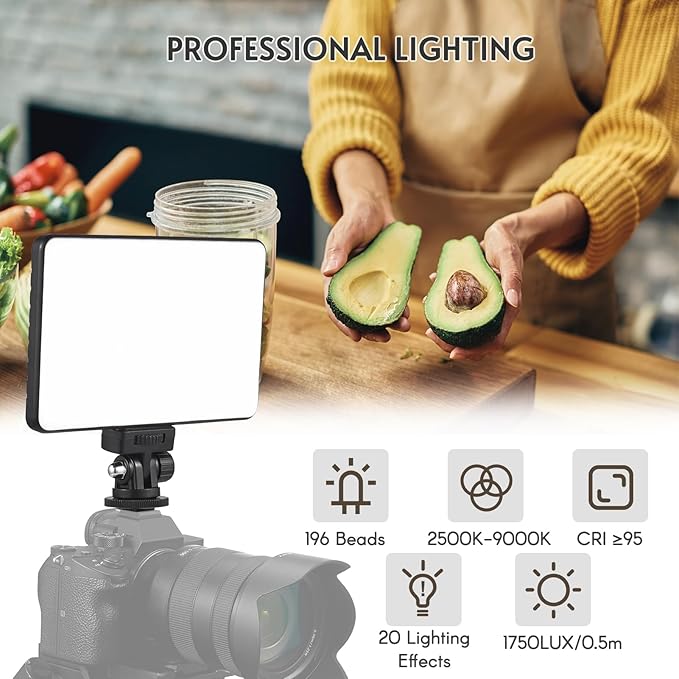 Andoer LED Video Light, Camera Light Mini Photography Lamp Dimmable LED Light Portable Vlog Light 196 LED Beads Battery Powered 2500K-9000K Dimmable with 1/4in Hot Shoe Mount 1/4in Threaded Hole
