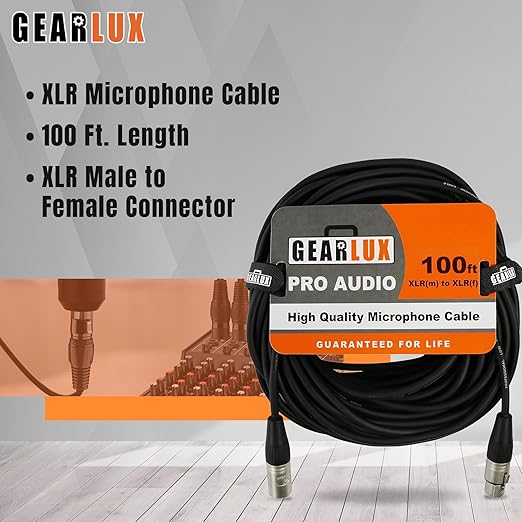 Gearlux XLR Microphone Cable, Fully Balanced, Male to Female, 100 Feet - 2 Pack
