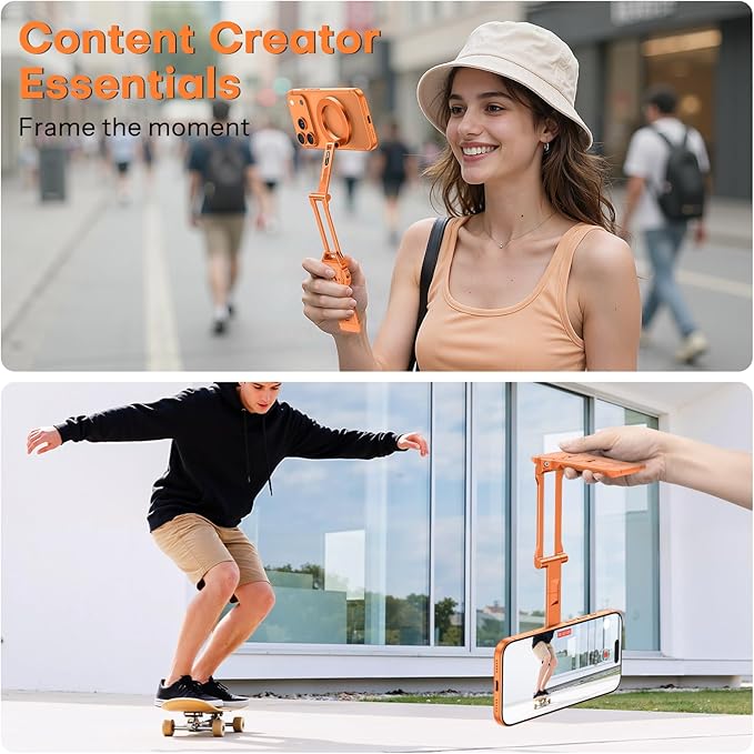 OMOTON TP06 for MagSafe Tripod Hook, 360°Rotate Magnetic Phone Tripod for iPhone 17/16/15 Pro Max Air, Fold Phone Stand Selfie Stick with 1/4" Screw, Acra Fits Vlog, Gym, Travel Essentials, Orange