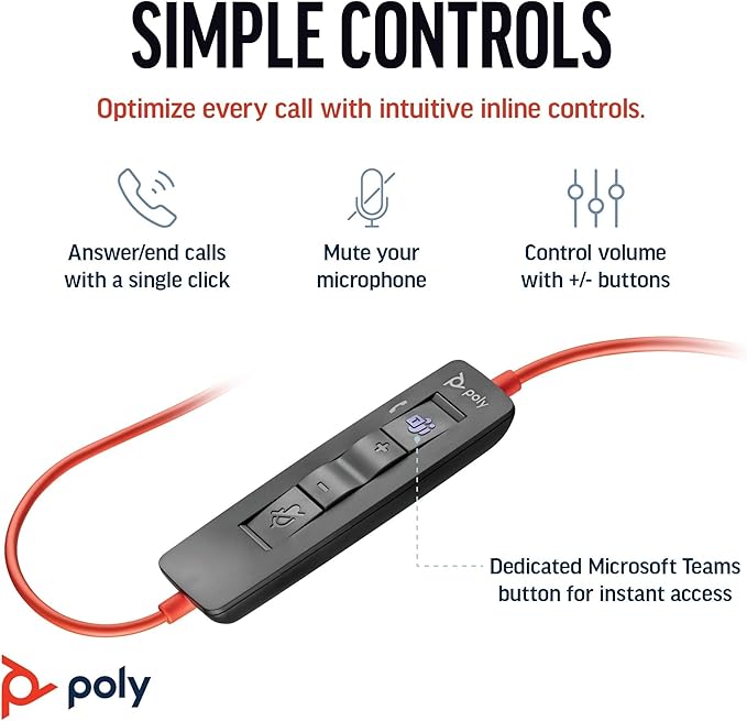 Poly Blackwire 3320 Wired Headset (Plantronics)– Flexible Microphone Boom – Hi-fi Stereo - Connect to PC/Mac via USB-C or USB-A - Certified for Microsoft Teams - Amazon Exclusive
