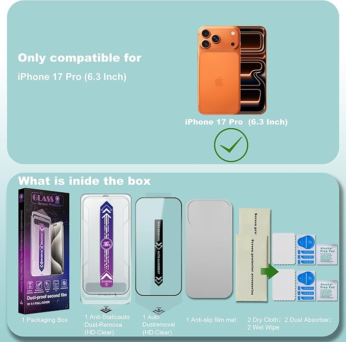 SHANG PIN JIA 2 Pack Screen Protector Tempered Glass for iPhone 17 Pro 6.3-Inch Auto Dust Removal, No Bubbles, High Definition Clear, Easy Installation