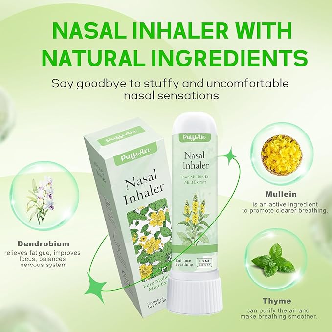 PUFFIAIR Mullein Nasal Sticks (3 Pack) 丨Pure Mullein & Mint Extract丨 Boost Focus, Reduce Fatigue & Stuffy Noses 丨 Support Craving Relief for Smokers, Energy Boost & Respiratory Health