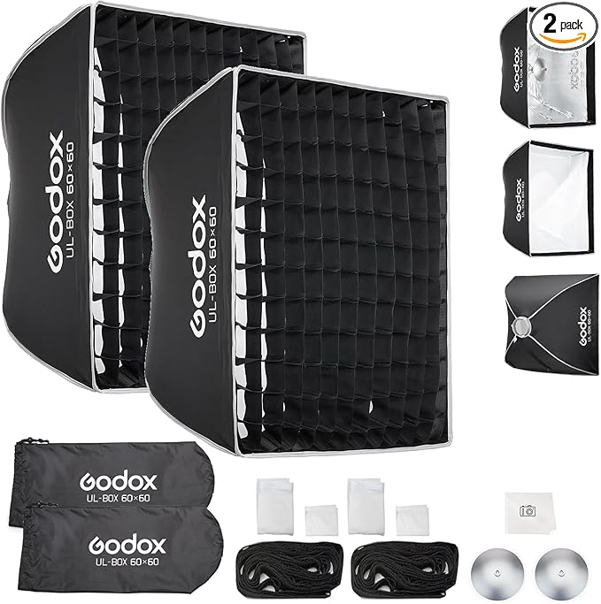 Godox 2pc Quick Release Softbox,UL 24"x24"/60x60cm Bowens Mount Square Soft Box with Grid,Diffuser,Carry Bag for Studio Strobe Flash Continuous Light,Outdoor Photography Video Recording,Live Streaming