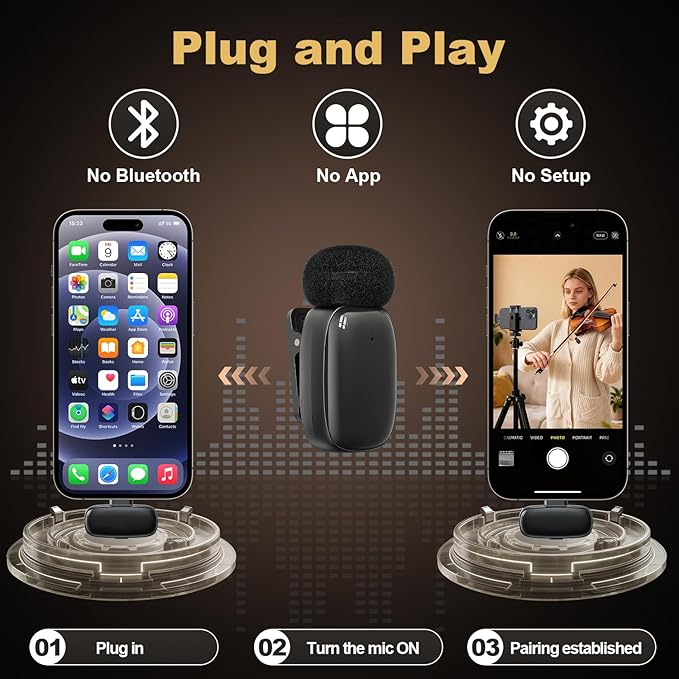 Wireless Lavalier Mini Microphone for iPhone ipad Android, 30H Long Battery Life, 100FT Wireless Range, Noise Cancellation, Plug & Play for Vlogging, Video Recording, Podcast, YouTube, TikTok