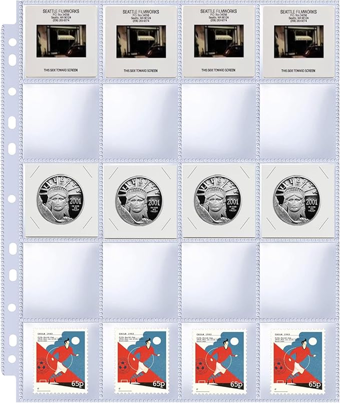 30 Pack 600 Pockets 2x2” Coin Flip Sleeves, Heavy Duty Stamp Collection Pages for 3 Ring Binder, 20 Pocket Photo Slide Flips Organizer Sheet, Top Loading Clear Cardboard Coin Holder Sleeves