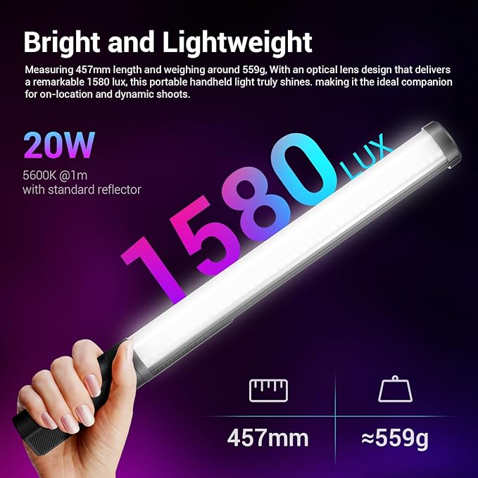 Godox LC500R Mini RGB LED Video Light Stick Lighting, 2500K-8500K Adjustable, CRI 95 TLCI 96 Accurate Color, 360° Full-Color LED Light, 15 FX Lighting Effects, 0-100% Dimmable Support APP Control