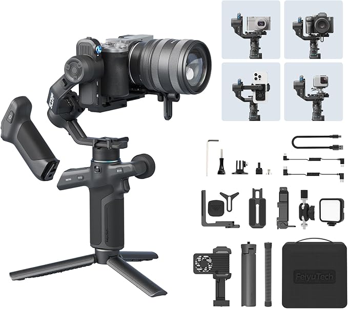 FeiyuTech SCORP Mini 3 Pro Kit Camera Gimbal 3-Axis Camera Stabilizer Built-in AI Track, 2kg Payload,14Hour Battery Life, Compatible with Mirrorless, Compact, Action, Cameras and Smartphones