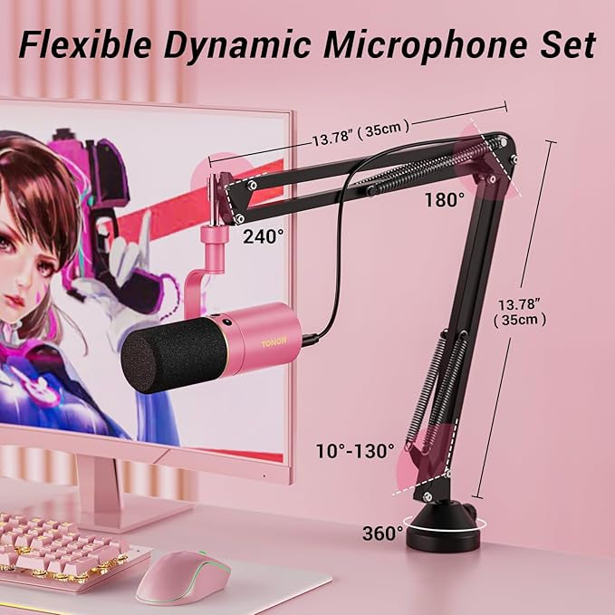 TONOR Dynamic Podcast Microphone, XLR/USB Mic for Recording, Streaming, XLR Cardioid Studio Mic with Quick Mute, 3.5mm Jack, Volume Control, 200 cm/78inch Cable, with Boom Arm, Pink, TD510+