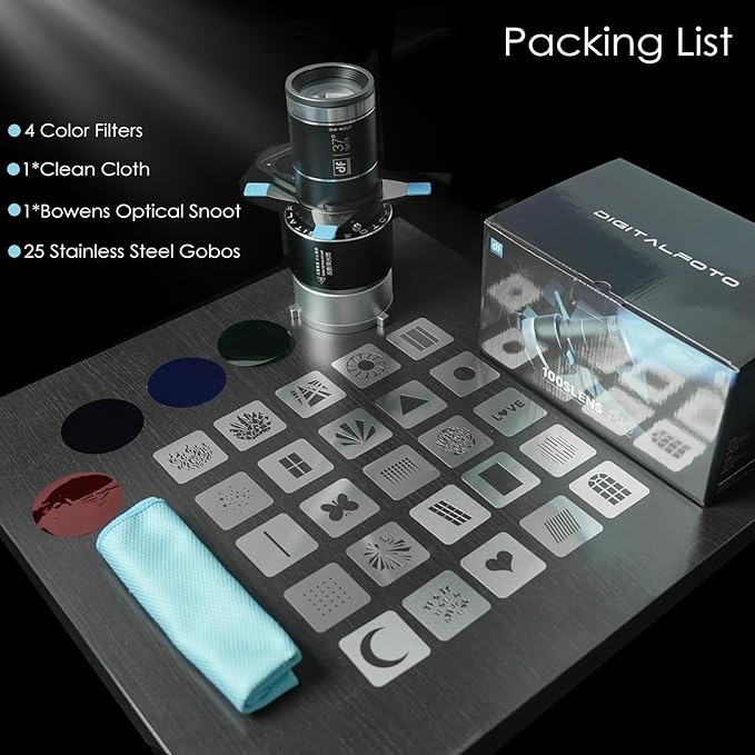 Optical Snoot for Bowens Mount Light,Photography Spotlight Projector for Tiktok Portraits Shape The Light Compatible with Aputure Amaran 60D/XS/100X/D 200D/GODOX SL60,4 Color Filters and 25 Gobos