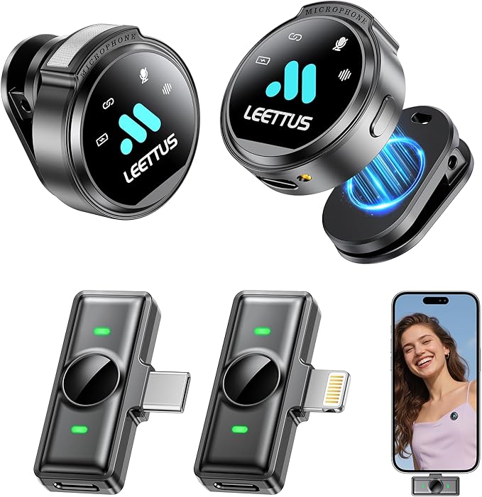 Mini Microphone for iPhone 17/16/15-7/Android/Tablet,Lavalier Wireless Microphones with Dual Receivers, DSP Noise Cancellation,Magnetic Clip,18H, Ideal for Video Recording,Podcast,Interviews, Gifts