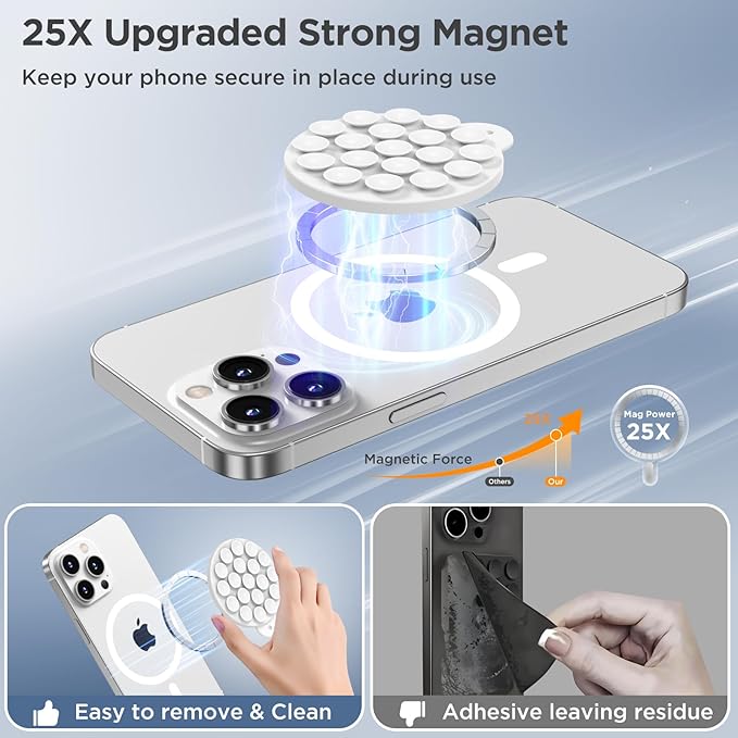 Magnetic Suction Cup Phone Mount, Compatible with MagSafe, Silicone Octo Cup Buddy Sticky Grip Holder for iPhone and Android, Removable Hands-Free Phone Stand Selfie/Video for TikTok, White