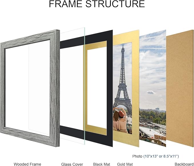 10x13 Picture Frame Set of 4, Made of Real Glass and Grey Frame, 10 by 13 Photo for Wall or Tabletop - Display Picture 8.5x11 with Mat or 10x13 Without Mat