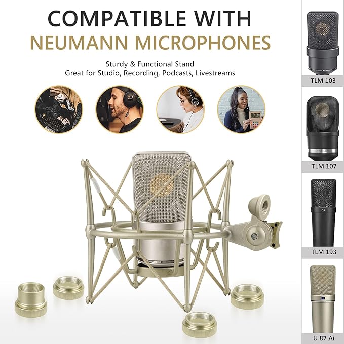 GEEKRIA for Creators Microphone Shock Mount Compatible with Neumann TLM 103, TLM 102, U 87 Ai, TLM 67 Mic Anti-Vibration Suspension Adapter Clamp Mic Holder Clip (Champagne/Metal)
