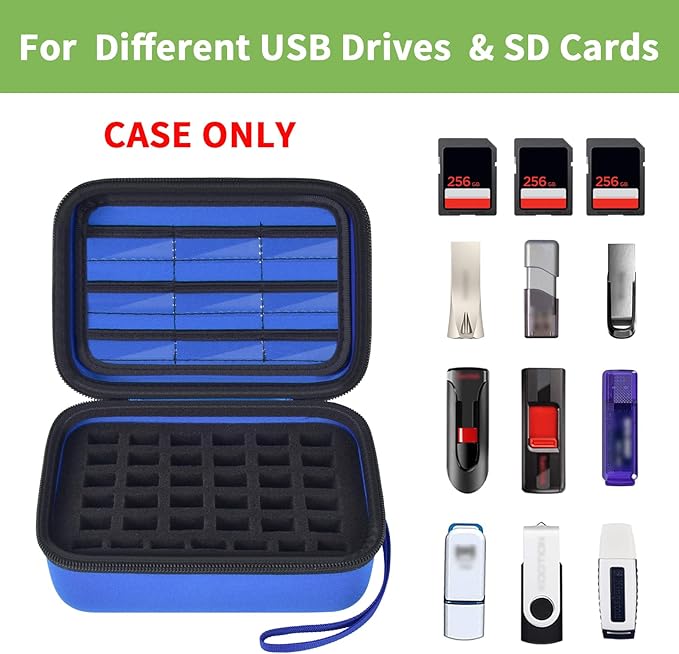 USB Flash Drive Case, SD Card & Memory Stick & Thumb Drives Pouch for SanDisk, for Samsung, Hard Shell Protective Storage Organizer - for IT Admins, Photographers & Film Crews - Box Only- (Blue)