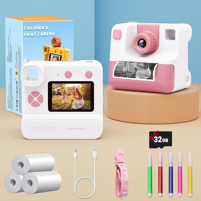 Kids Camera Instant Print, Christmas Birthday Gifts for Girl Boys 3-12 Years Old, FHD Selfie Digital Video Cameras Toddler 3 Rolls Print Paper & 32G Card (Retro, Pink-White)