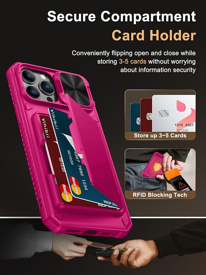 Vihibii for iPhone 13 Pro Max/iPhone 12 Pro Max Case with Card Holder (4 Cards), [RFID Blocking] & Slide Lens Camera Cover, Military Grade Drop Protection, Heavy Duty Rugged Wallet Phone Case, Pink
