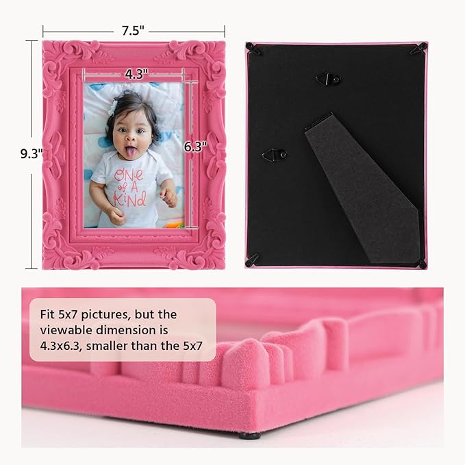 Small 5x7 Picture Frame with Velvet Finish, Cute Pink Decorative Photo Frame for Girly Women Bedroom Living Room, Vintage Ornate Frame for Modern Home Office Decor (Pink)