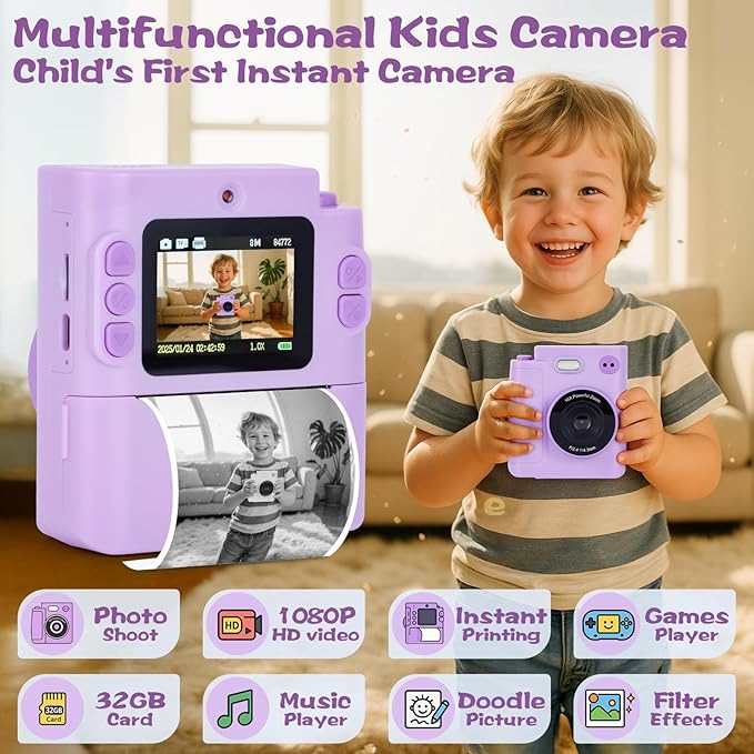 Kids Camera Instant Print, 1080P HD Dual-Lens Selfie Digital Camera with 5 Printing Paper Rolls & 32G TF Card, for Children, Portable Toddler Toy for Age 3-12 Boys & Girls (Purple)