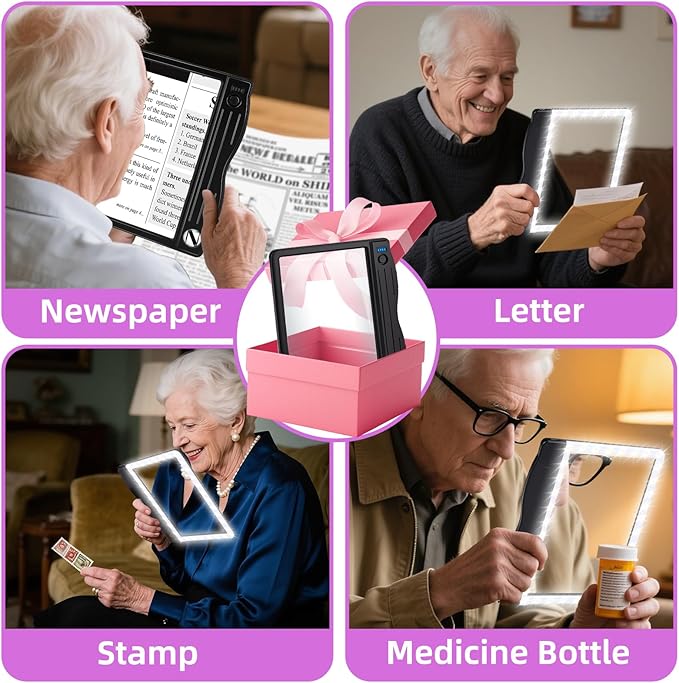 6X 30X Magnifying Glass with Light, Rechargeable Handheld Magnifying Glass for Reading, LED Lighted Lightweight Rectangular Full Page Magnifier for Reading Small Prints Seniors Low Vision (Black)