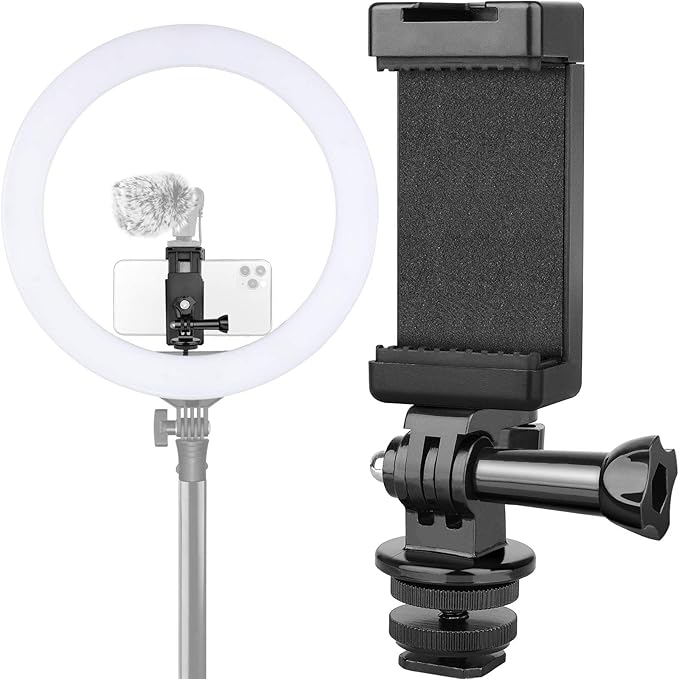 Anwenk Phone Holder Hot Shoe Mount Adapter with Cold Shoe Mount for Microphone/ Flash Light Compatible with Gopro Hero DJI Osmo Action Camera Smartphone, Attach on DSLR Camera / Ring Light/ Tripod