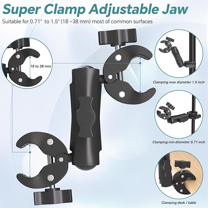 Super Double Clamp Mount Umbrella Camera Pole Clamp Holder,360° Magic Socket Arm Ball Head for Umbrella Chair Clip, Photo Studio Light Stand,Photo Boom Stand,Cross Bar,Stroller,Flag Holder Mount