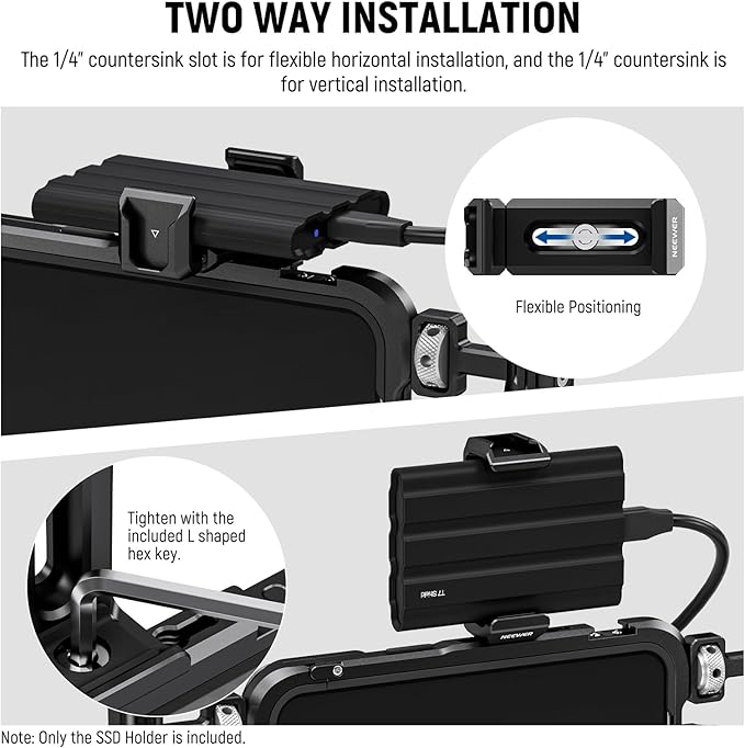 Neewer T5 T7 T9 SSD Holder Mount Bracket for iPhone 16 15 Pro Max Phone Cage PA023 PA024, 2.2"-3"/55-75mm SSD Clamp Compatible with Samsung with 1/4" Screw Anti Twist Bevel Edge, Cold Shoe, UA051