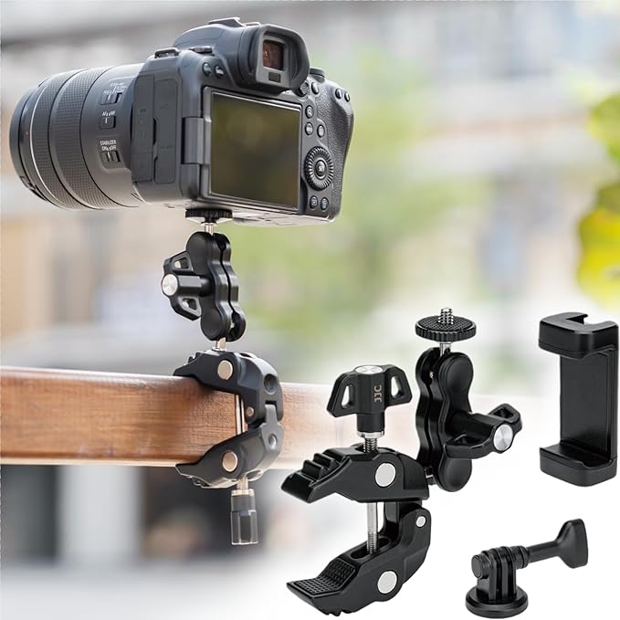 JJC Super Clamp Camera Mount, Dual Ballhead Aluminum Pole Mount w. 1/4“-20 & 3/8"-16 Thread Hole, Action Camera Mount and Phone Clip, for DJI Osmo Action GoPro, Crab Clamp for Desk Tripod Tube Rod