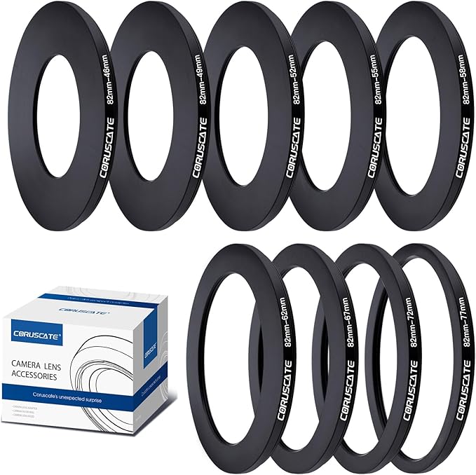 9Pcs 82mm Filter Ring Adapter Set,Metal Step Down Ring for All Brands UV ND CPL 82-46mm,82-49mm,82-52mm,82-55mm,82-58mm,82-62mm,82-67mm,82-72mm,82-77mm