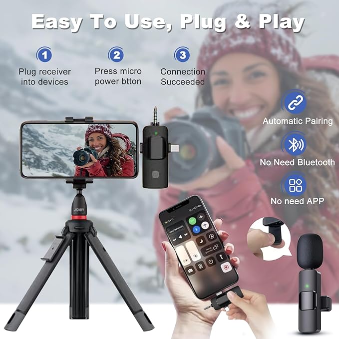 Wireless Microphone for iPhone, Camera, USB-C Mini Microphone 3 in 1, Professional Mini Mic with Noise Reduction, Lavalier, Lapel Mic for Video/Vlog/TikTok/YouTube