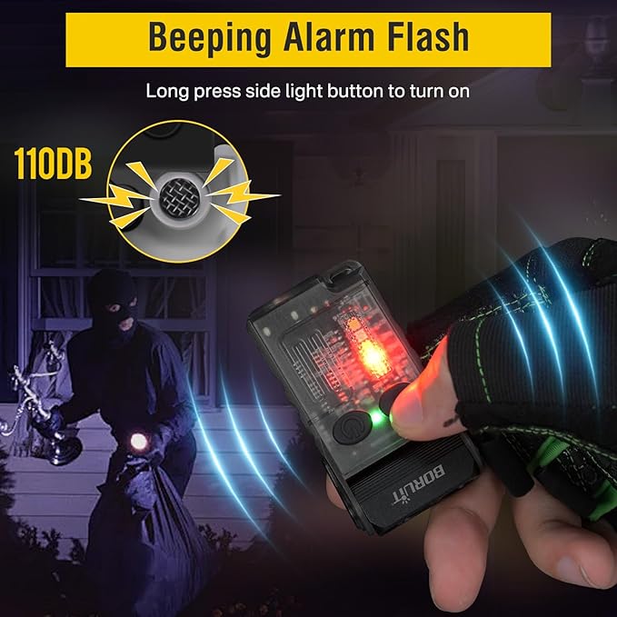 Boruit V20 Small Powerful Flashlight Super Bright with 365nm UV, Red Blue Green Warm Light, 180° Swivels, 110dB Buzzer, Mini Keychain Pocket Rechargeable LED Flashlights Usb EDC Clip Flash Light Black