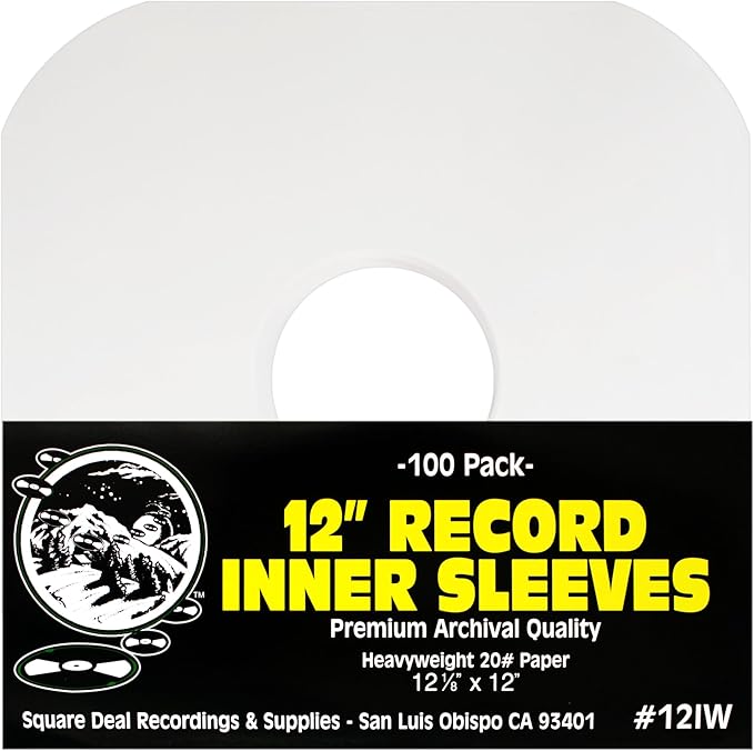 (100) Archival Quality Acid-Free Heavyweight Paper Inner Sleeves with Hole for 12" Vinyl Records - Durable 20# Paper - Easy Record Insertion - #12IW