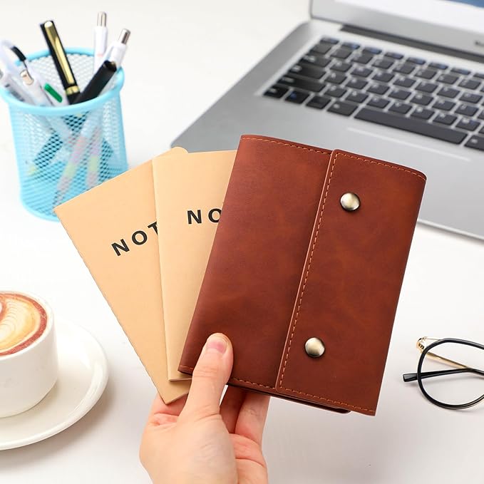 Frienda Field Notebook Leather Cover with 3 Pcs Pocket Notebooks 3.5" x 5.5" Small Journal Note Cover Blank Mini Notepad Holder Memo Sheets for Offices Meetings Daily Records Travel